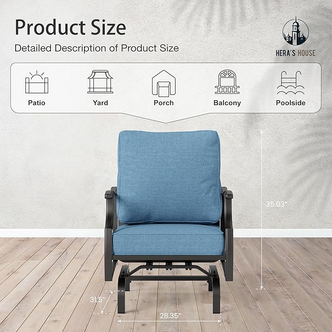 HERA'S HOUSE Outdoor Chairs Set of 2, 2 x Patio Chair with Navy Blue Cushions, All Weather Outdoor Furniture for Lawn Garden Backyard Deck(Rocking Chairs)