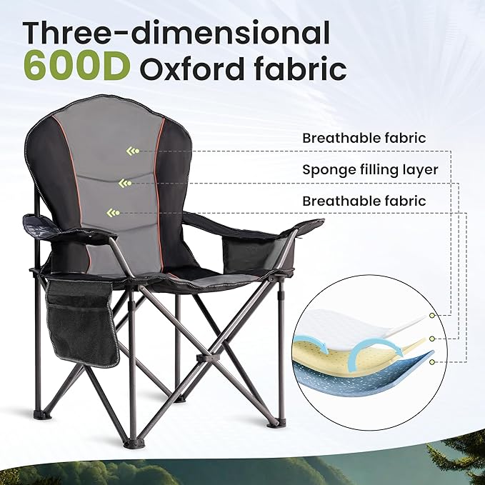 Oversized Camping Chair Heavy Duty 500LB - Portable Folding Chair with Cooler Bag, Cup Holder & Waterproof Phone Case for Adults, Beach, Hiking, Backyard (Black & Gray, 2 PCS)