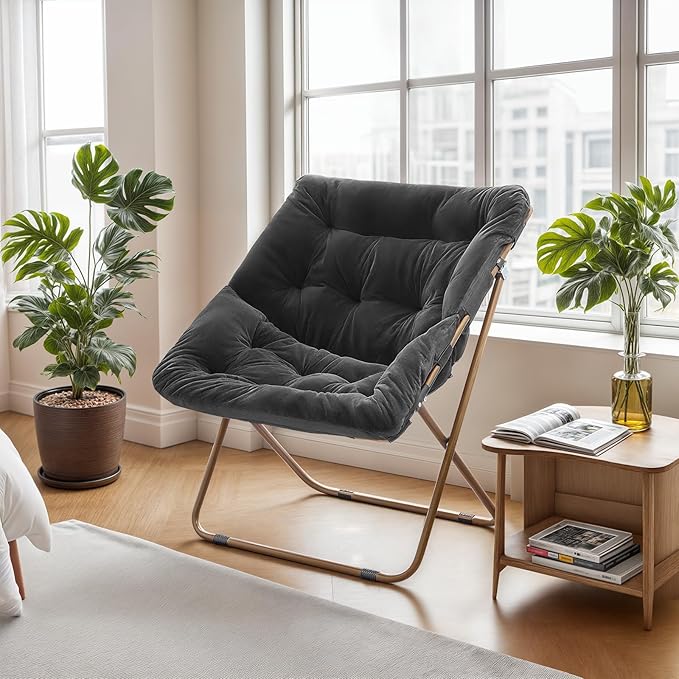 Athena Collection Saucer Chair for Adult, Square Comfy Cozy Chair Folding Chair Faux Fur Metal Frame Foldable Reading Chair Accent Chair for Bed Room Living Room, Black