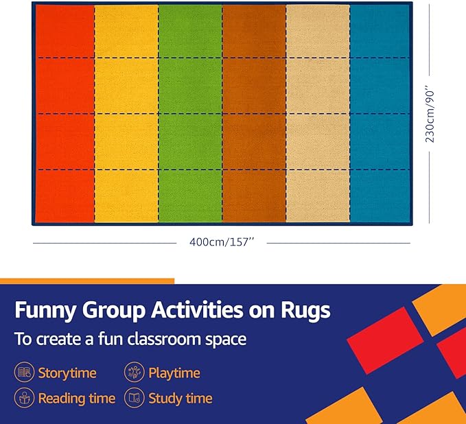 Classroom Rug Carpet 24 Seats for Elementary Prechool Daycare Nursery Playroom Game Room Homeschool Library Reading Activity Non Slip Soft Foldable Rolling Packing 7.5 x 13 ft