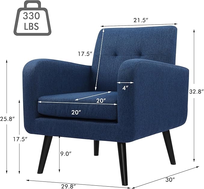 LSSPAID Modern Accent Chairs, Upholstered Fabric Cozy Armchairs, Living Room Side Chair with Solid Wood Legs, Blue
