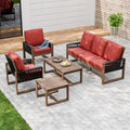 INTER HUT Rustic Hideaway Natural Cedar Wood Outdoor Furniture Set, Wicker Patio Conversation Set for Porch Garden Backyard, Couch, 2 Patio Chairs, Tables, 5 Piece, Brownish/Red
