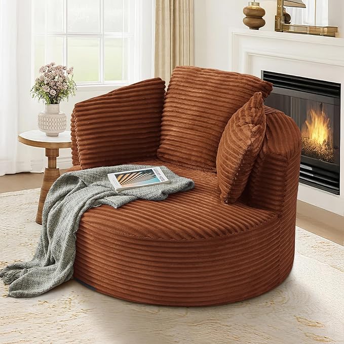 48"W Oversized Round Chaise Longue Chair Indoor,Corduroy Fluffy Comfy Cloud Chair,Circle Bean Bag Sofa with Foam Filling & Pillows,Boneless Reading Cozy Sofa Chairs for Living Room,Bedroom,Orange