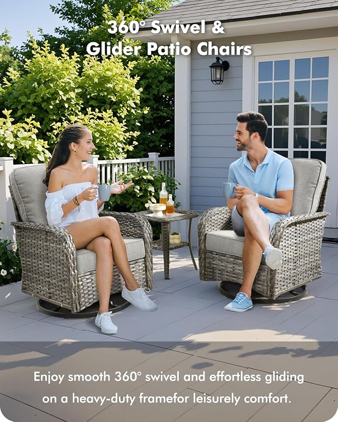 CAODOC 3-Piece Swivel Rocking Rattan Chair Outdoor, Patio Bistro Furniture Conversation Set, Wicker Chair with Coffee Table Dark Gray