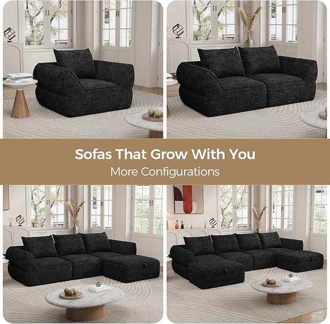 104" Modular Sectional Sofa with Deep Seat, L Shaped Cloud Couch for Living Room, 3-Seater Boneless Sofa with Movable Ottomans, Removable Cover, No Assembly Required, Graphite Black