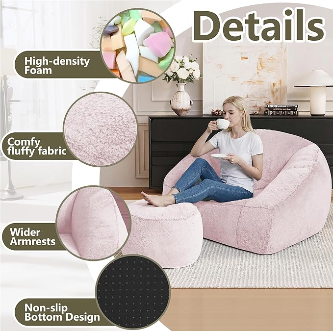 Bean Bag Chairs with Ottoman for Adults, Comfy Beanbag Chair with High-Resilience Foam, Oversized Bean Bag Sofa with Soft Faux Fur Fabric, Bean Bag Chair for Living Room,Bedroom,Pink