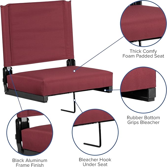 Flash Furniture Grandstand Portable Stadium Seats for Bleachers or Benches, Folding Padded Stadium Chairs with Handle, Pack of 2, 500 lb. Weight Capacity, Maroon
