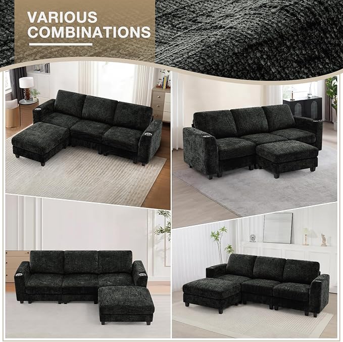 Lesofair 87" Convertible L-Shape Couch with Flexible Ottoman, Soft Sectional Sofa with 2 Built-in Cup Holders, Chenille 3 Seats Sofa with Well-Filled Back Cushions for Living Room, House, Black