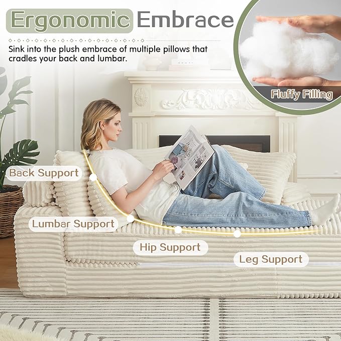 Antetek Chaise Lounge Chair Indoor, Convertible Folding Futon Sofa Bed w/ 5 Pillows, Fluffy Corduroy Boneless Compressed Memory Foam Couch for Living Room, Bedroom (Beige, Right Half)