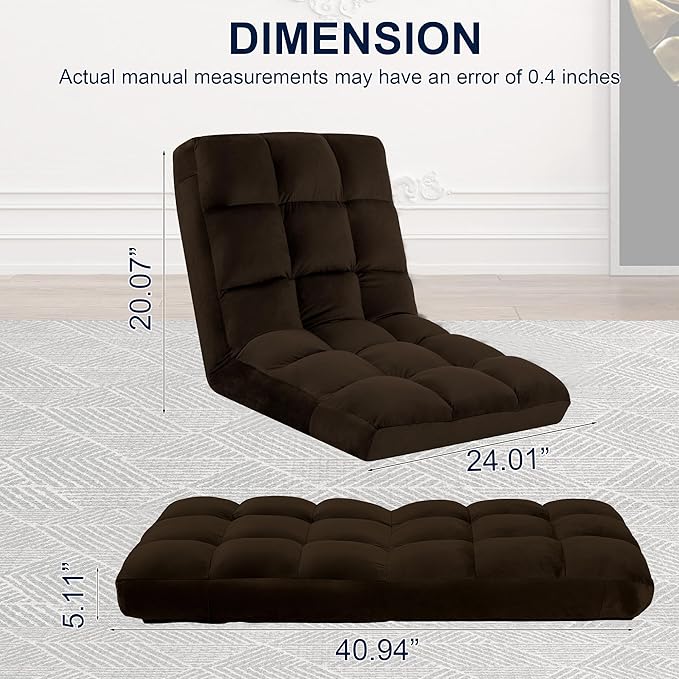 Floor Chair, 24 inches Wide Oversized Velvet Armless Lay Flat Floor seat Padded Meditation Chair with 6 Adjustable Position Ergonomic Comfortable Convenient(LRSF-015-BROWN)