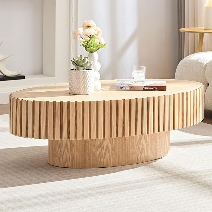 43.7'' Oval Wood Coffee Table,Modern Handcraft Drum Coffee Table for Living Room, Small Center Table with Sturdy Pedestal(Oak, L43.7 x W24.8 x H13.38)