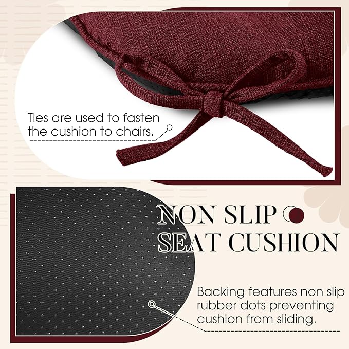 Basic Beyond Chair Cushions for Dining Chairs 4 Pack, Chair Cushion with Ties and Non Slip Backing, 15.5 x 15.5 inches Tufted Chair Pads for Dining Chairs(Dark Red)
