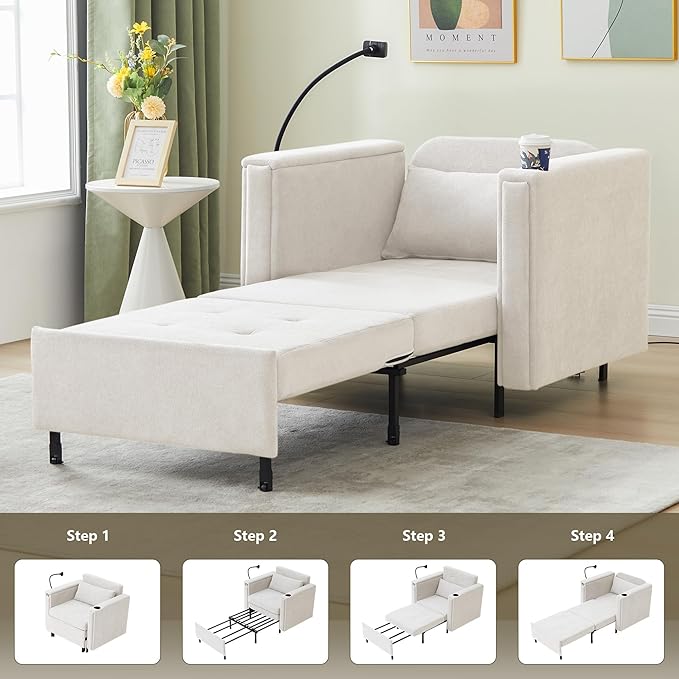 ORRD Pull Out Sofa Chair Bed, 2-in-1 Multi-Functional Sleeper Couch Small Loveseat Bed with Hidden Side Table, Phone Holder and Cup Holder for Living Room, Small Space, Apartment (White)
