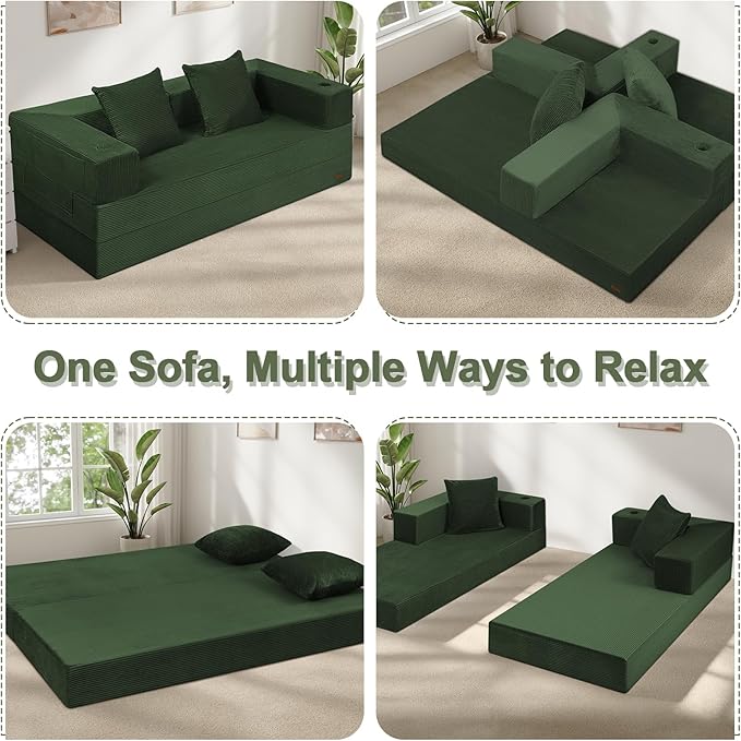 COMAX Futon Sofa Bed Queen, 79" Convertible Sofa Bed Couches for Living Room, 4 in 1 Folding Boneless Sleeper Corduroy Couch Loveseat Foam In a Box, Foldable Comfy Lounge Fold Out Floor Mattress Green