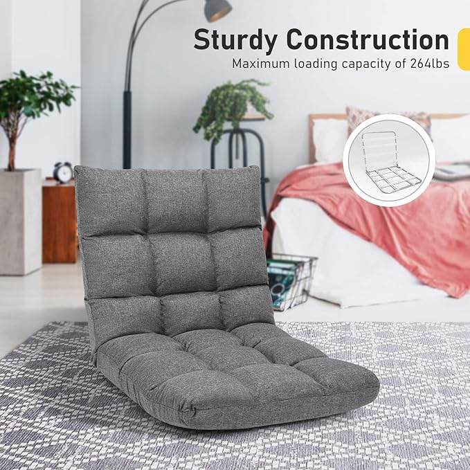 COSTWAY Floor Chair, Folding Gaming Chair with Back Support, 14 Adjustable Positions, Alloy Steel Frame, Lazy Sofa Lounge for Playing Reading Meditating Room Recliner for Adults, Kids (Gray)