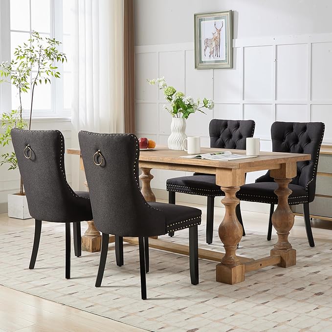 YeahFurn Black Mid Century Modern Dining Chairs Set of 2, Linen Upholstered Kitchen & Dining Room Chairs with Nailhead Trim & Solid Wood Legs, Elegant Sillas De Comedor (Black, 2 Pcs)