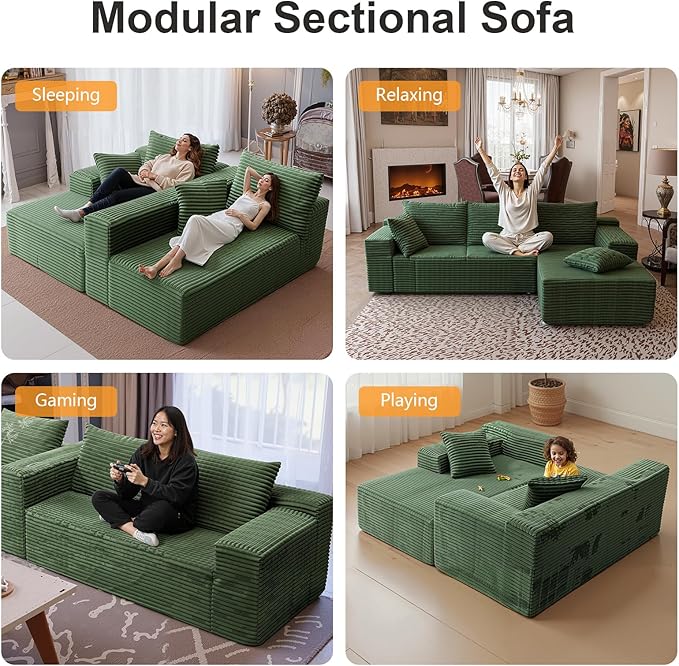 106'' Boneless Couches for Living Room, L Shaped Modular Sectional Sofa with Chaise Lounge, Faux Rabbit Fur Layered Cushion Deep Seat Cloud Couch, No Assembly (Green, 106 L Shaped Right Facing Chaise)