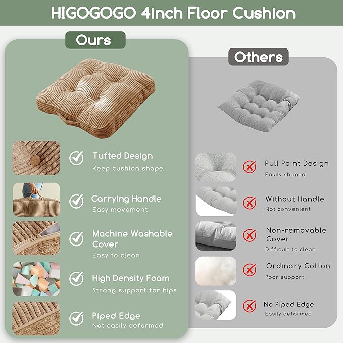 Washable Floor Pillow Cushion for Adults, Meditation Cushion Pillow, Large Square Floor Sitting, Removable Tufted Corduroy Cover, for Tatami Living Room or Yoga, 22x22 Inch, 2Pack, Machine Washable