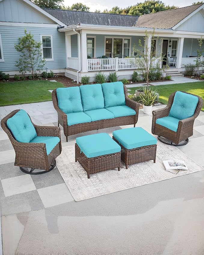 Patio Sofa Outdoor Wicker Couch - Heavy Duty All-Weather Brown Rattan 3-Seater with High Back and Comfortable Thick Cushions for Garden Back Porch Poolside Apartment - Turquoise