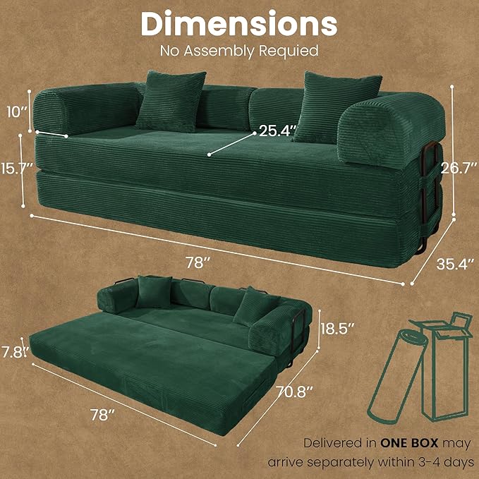 79" Convertible Sofa Bed, Boneless Corduroy Sleeper Foldable Modular Couch, Memory Foam Compressed Sofa, Folding Mattress Floor Couch for Small Space Living Room Apartment Bedroom, Hunter Green