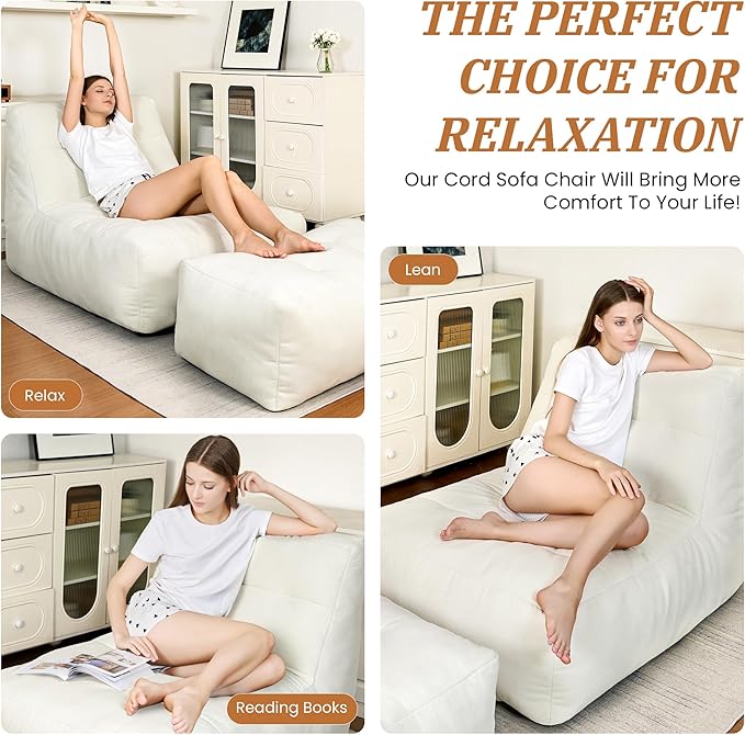 Bean Bag Chair with Ottoman, Giant Bean Bag Chairs for Adults with Memory Foam, Comfy Bean Bag Sofa for Bedroom, Lounge Beanbag of Reading and Gaming with Filler Included (Beige White)