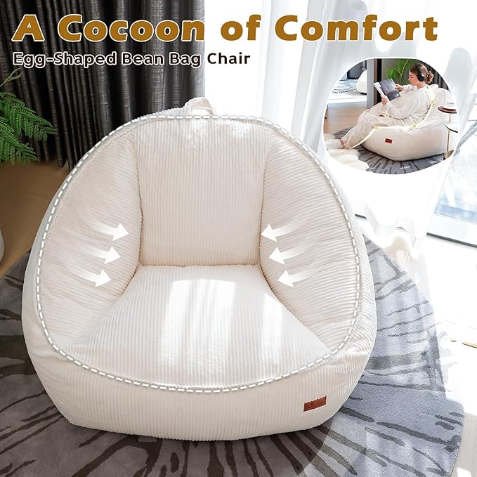 Giant Bean Bag Chair for Adults, Teens and Kids, Cozy Fluffy Corduroy Beanbag Chair with Filler, Large Floor Lounge Sofa for Living Room, Bedroom, Dorm, Gaming and Reading（L-White）