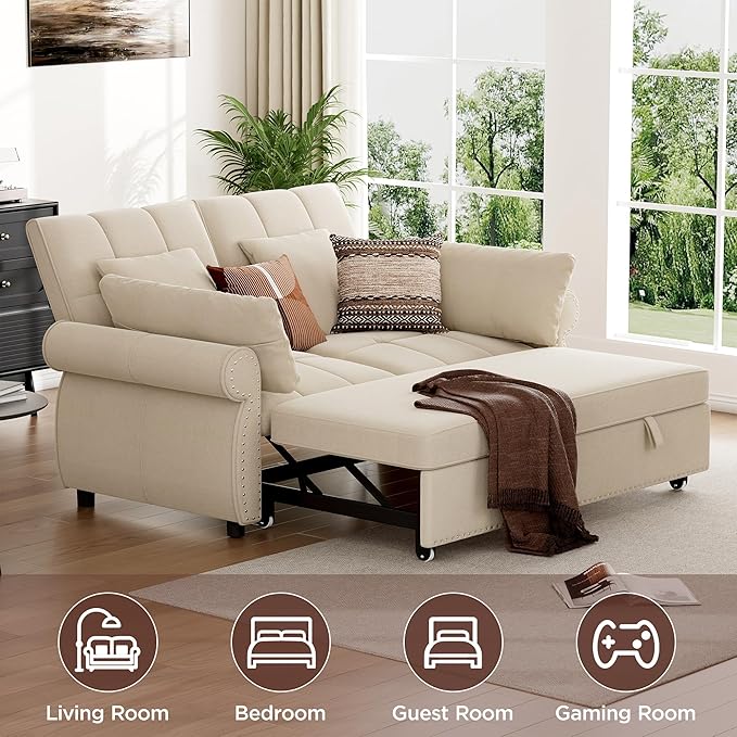 3 in 1 Sofa Bed, 61 Inch Convertible Pull out Couch with Four Pillows, Loveseat Sleeper Sofa with Adjustable Backrest, Sofa Couches for Living Room, Bedroom, Apartment, Chenille Fabric, Beige