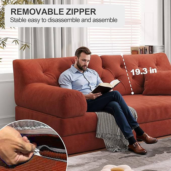 Carzzi-Life 79" Convertible Sofa Bed with Pillows, Corduroy Folding Sleeper Sofa with Fixed-Shape Frame, Boneless Couch for Living Room Bedroom, Floor Sofa Lounge No Assembly Required (Orange)