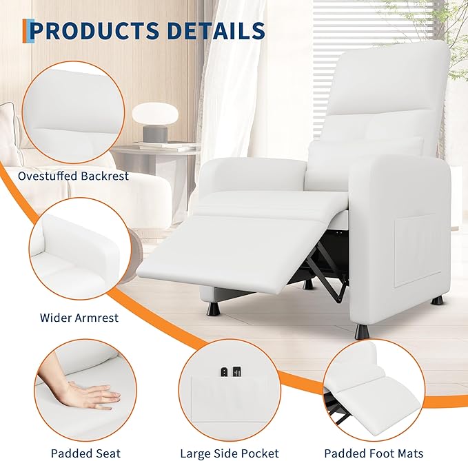 GarveeHome Power Recliner Chair, Adjustable Electric Recliner Ergonomic Overstuffed PU Leather Single Sofa, Tall Back, Padded Seat, 2 Side Pockets and USB Port, Home Theater Seating for Living Room