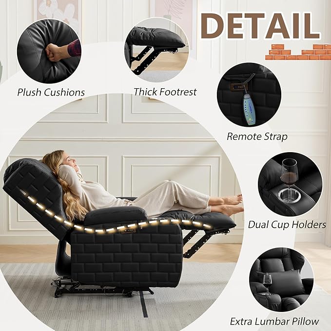 Wall Hugger Power Recliner Chair with Heat and Massage, Overstuffed Reclining Sofa Chair for Living Room Home Theater RV with 3-Side LED Lights/Cup Holders/USB & Type C Port (Black)