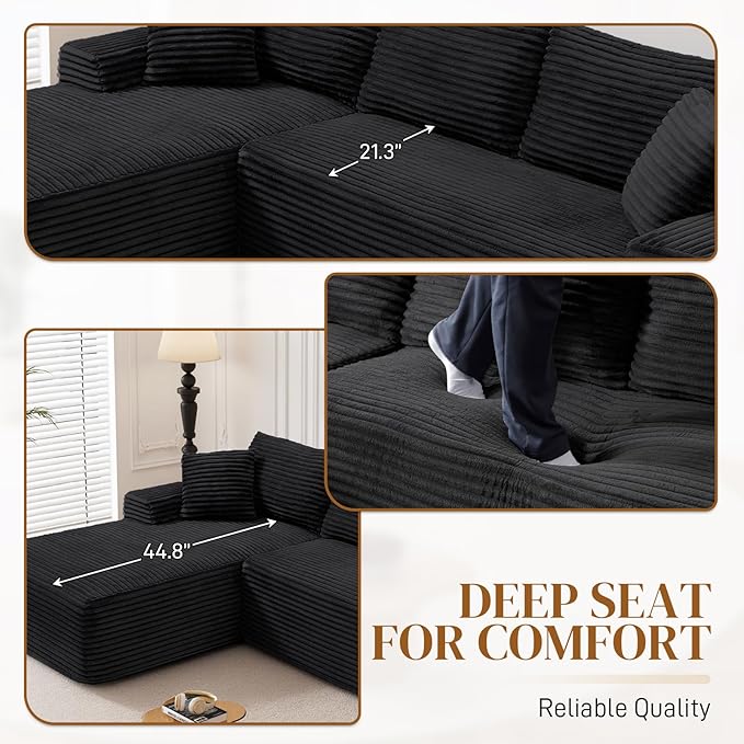 95" Boneless Cloud Sectional Couches for Living Room, Comfy Fluffy L Shaped Memory Foam Deep Seat Boneless Couch, Modular Sectional Sofa with Left Facing Chaise, Black