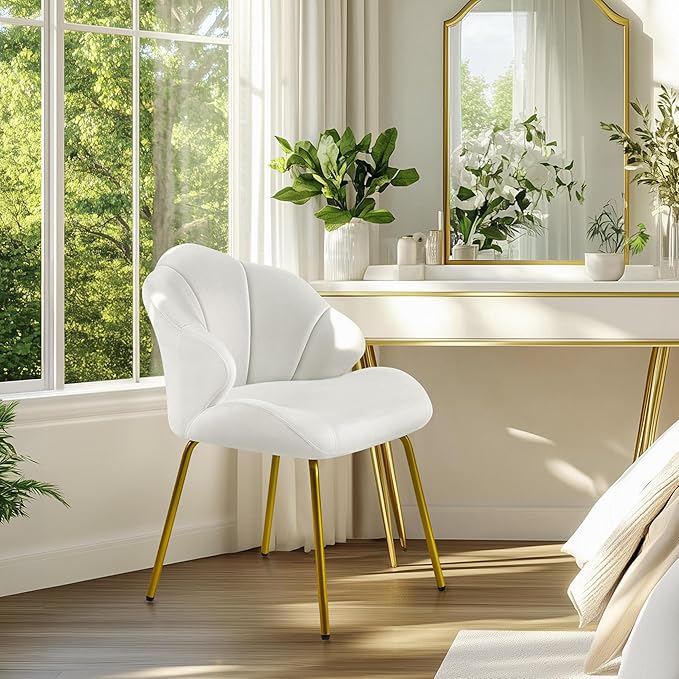 Yaheetech Vanity Chair, Velvet Accent Chair with Shell-Shaped Backrest, Modern Armchair with Gold Metal Legs for Dressing Room/Bedroom/Living Room, White