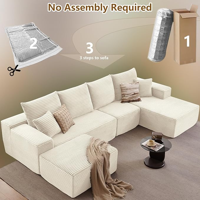 Lakifun 135" U-Shape Cloud Couch, Modern Modular Sectional Comfy L-Shape Sofa with Ottoman, Deep Seat, Upholstered Corduroy Sleeper Chaise Longue for Living Room Bedroom, No Assembly Required, White