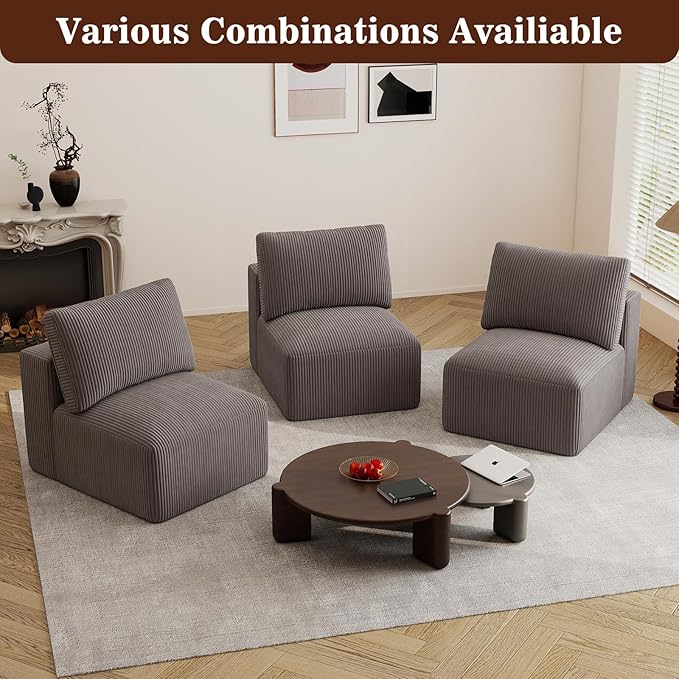 31" Modular Middle Seat Cloud Couch Extension, Armless Memory Foam Boneless Chair, Cozy Upholstered Corduroy Frameless Single Seat, No Assembly Required Accent Chair for Living Room Home Decor, Grey