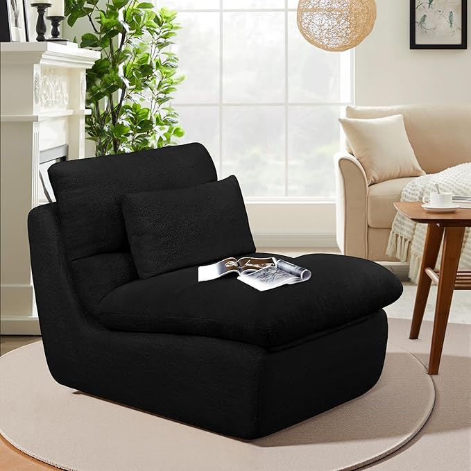 Boneless Single Sofa – 32” Teddy Plush Frameless Lounge Chair with High-Density Foam Support – No Assembly, Cloud Couch for Living Room, Bedroom, & Apartment (Black)
