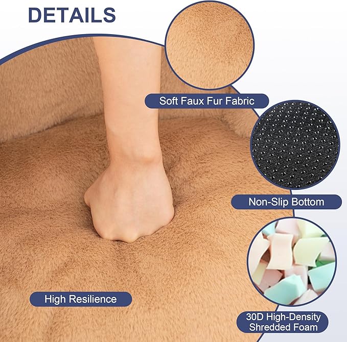 Pumpkin Shaped Bean Bag Chair with Ottoman, Gaint Bean Bag Chair for Adults, Faux Rabbit Fur Comfy BeanBag Floor Sofa Chair for Reading, Playing, Relaxing, Khaki