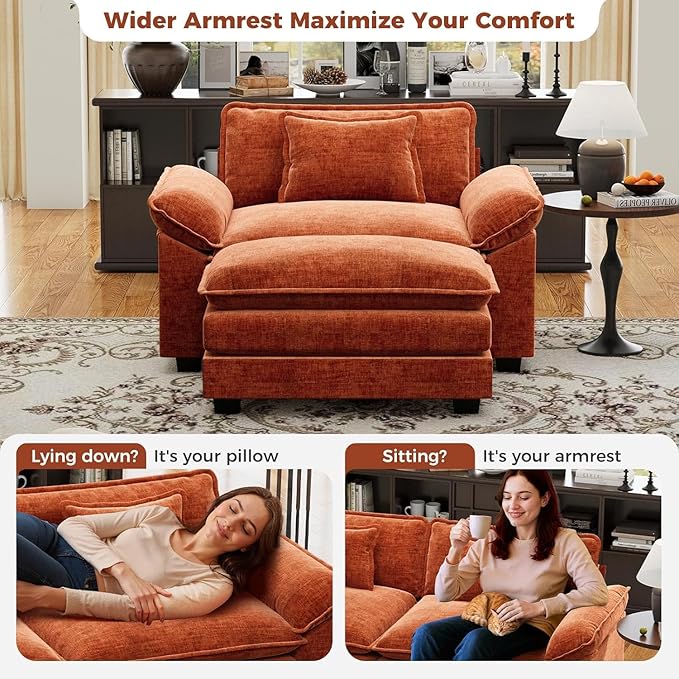 CDCASA 50'' Oversized Chair with Ottoman, Chenille Comfy Cloud Sofa Accent Chair w/Large Seat and Armrest, Modern Extra Wide Armchair Reading Chairs for Bedroom, Living Room, Terracotta Orange