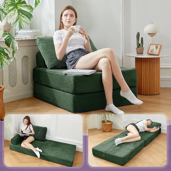 Folding Sofa Bed,3-in-1 Convertible Sleeper Chair Corduroy High-Density Foam with Pillow, Foldable Single Futon Chair for Living Room、 Bedroom 、Hotel、 Apartment, Single, Emerald Green