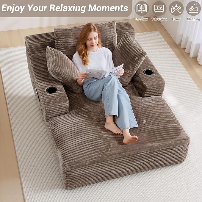 50"W x 68"D Oversized Chaise Lounge Chair Indoor Boneless Reading Chair Plush Corduroy Recliner with Cup Holders Large Deep Seat Comfy Sofa Bed Couch with 3 Pillows for Living Room Bedroom, Camel