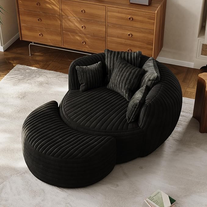 50" W Oversized Round Chaise Lounge Chair with Ottoman Indoor Boneless Plush Fluffy Corduroy Circle Couch Soft Comfy Cozy Cloud Reading Chair for Living Room, Playroom, Bedroom - Black