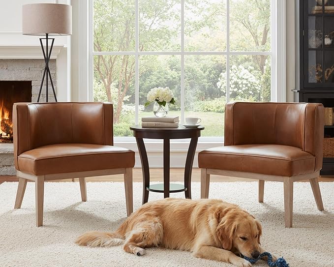 Comfy Barrel Chair Mid-Century Modern Accent Chair with Solid Wood Leg Upholstered Reading Arm Chair Faux Leather Waiting Room Round Side Chairs for Small Spaces Living Room Bedroom Office, Brown