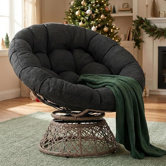 Bme 40" Ergonomic Wicker Papasan Chair with Soft Thick Density Fabric Cushion, High Capacity Steel Frame, 360 Degree Swivel for Living, Bedroom, Reading Room, Lounge, Onyx Stone - Brown Base