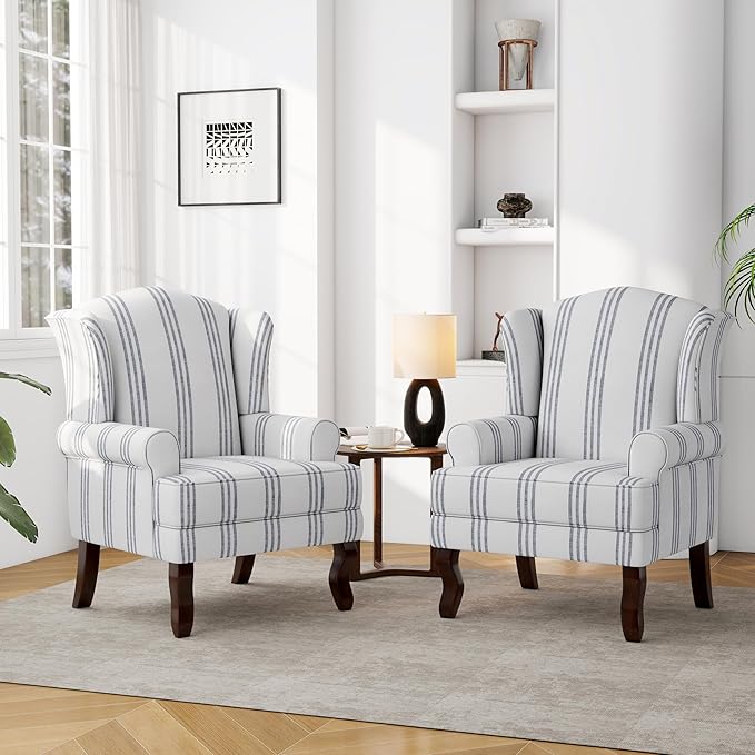 DREAMSIDEA Accent Chair, High Back Upholstered Armchair with High Resilience Sponge & Wood Legs, Mid-Century Modern Comfy Single Sofa Reading Chairs for Living Room, Bedroom - Stripe Navy, Set of 1