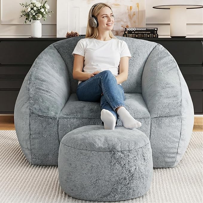 Bean Bag Chairs with Ottoman for Adults, Comfy Beanbag Chair with High-Resilience Foam, Oversized Bean Bag Sofa with Soft Faux Fur Fabric, Bean Bag Chair for Living Room,Bedroom,Light Grey