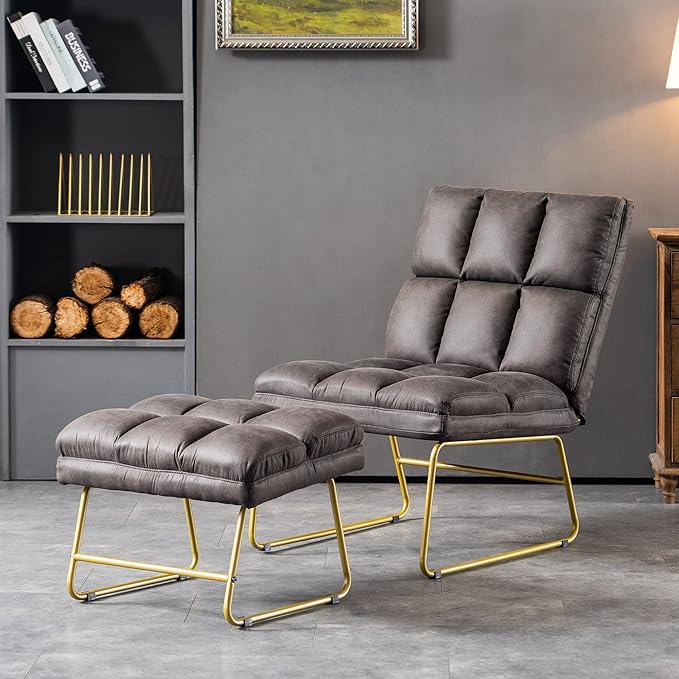 MCombo Accent Chair with Ottoman Set, Modern Armless Chair for Living Room, Bedroom, Small Space 4013 (Heat-Stamped Fabric, Grey)
