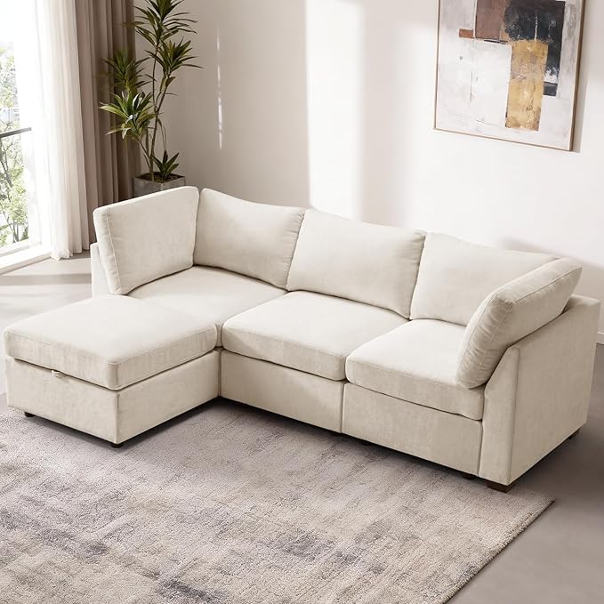 EDILLY 94 inches Oversized Modular Sectional Fabric Cloud Sofa Set, Extra Large L Shaped Couch Reversible Chaise Couch,3 Seat Modular Sofa with Storage Ottoman, Beige
