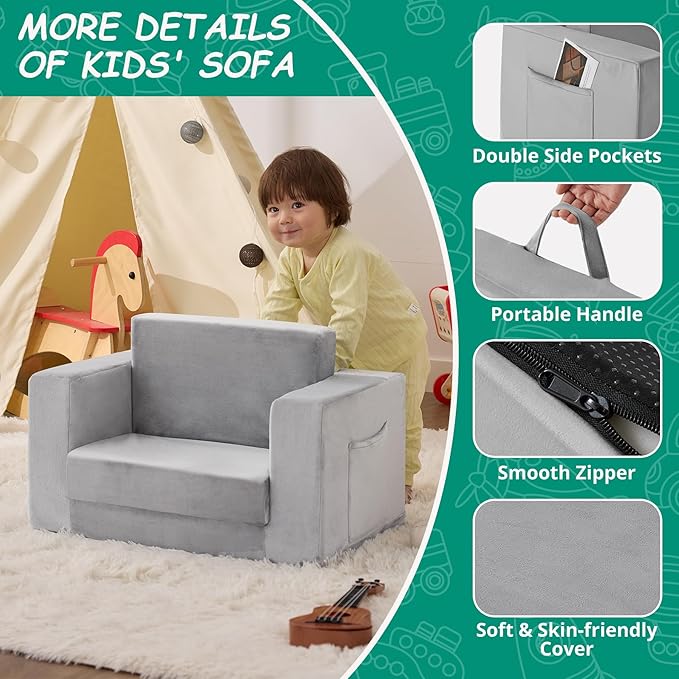 Kids Couch, 2-in-1 Toddler Chair Comfy 1-3 Years Old, Convertible Kids Chair, Toddler Couch Sofa, Kid Sofa to Lounge Bed for Boys and Girls, Soft Coral Fleece, Grey