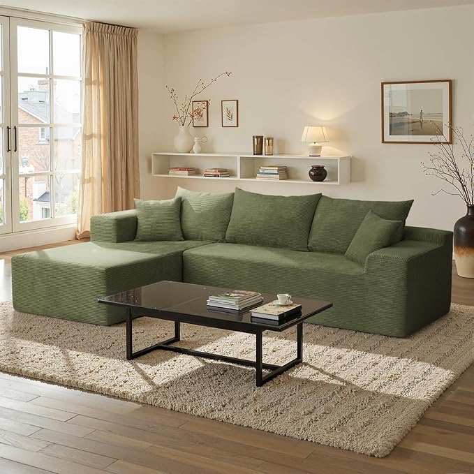 Sectional Cloud Boneless Couch for Living Room Bedroom, Comfy Modern L Shaped Modular Sofa with Left Facing Chaise, Deep Seat Memory Foam Couch in Box, No Assembly (Fine Striped Corduroy, Green)