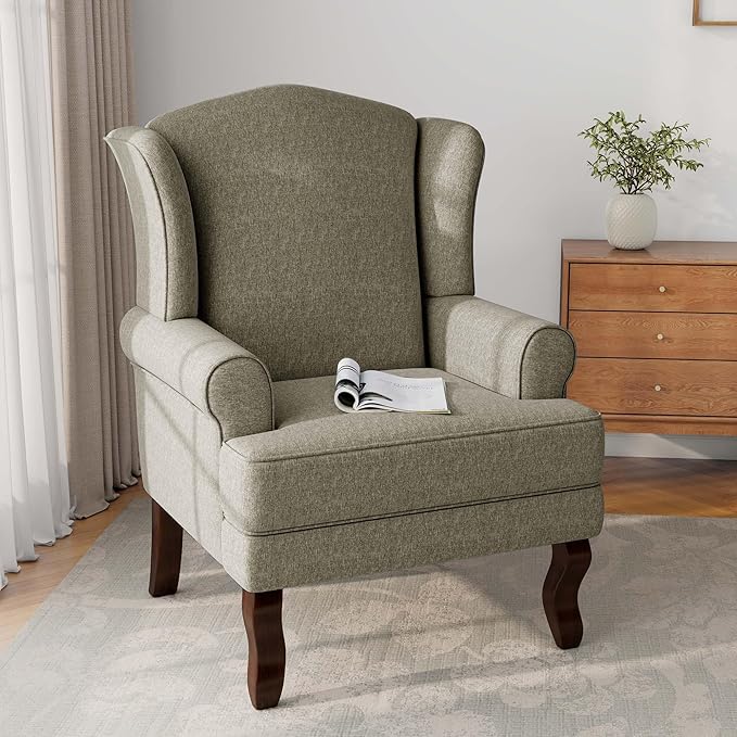 DREAMSIDEA Accent Chair, High Back Upholstered Armchair with High Resilience Sponge & Wood Legs, Mid-Century Modern Comfy Single Sofa Reading Chairs for Living Room, Bedroom (Light Camel, Set of 1)