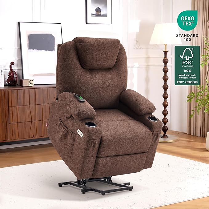 MCombo Small Power Lift Recliner Chair Sofa with Massage and Heat for Petite Elderly, 3 Positions and USB Ports, Extended Footrest, Fabric 7141 (Coffee)